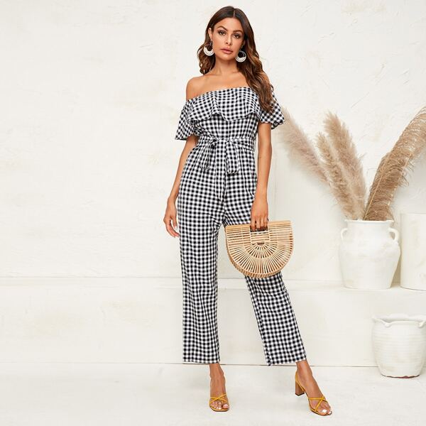 

Belted Gingham Ruffle Bardot Jumpsuit, Black and white