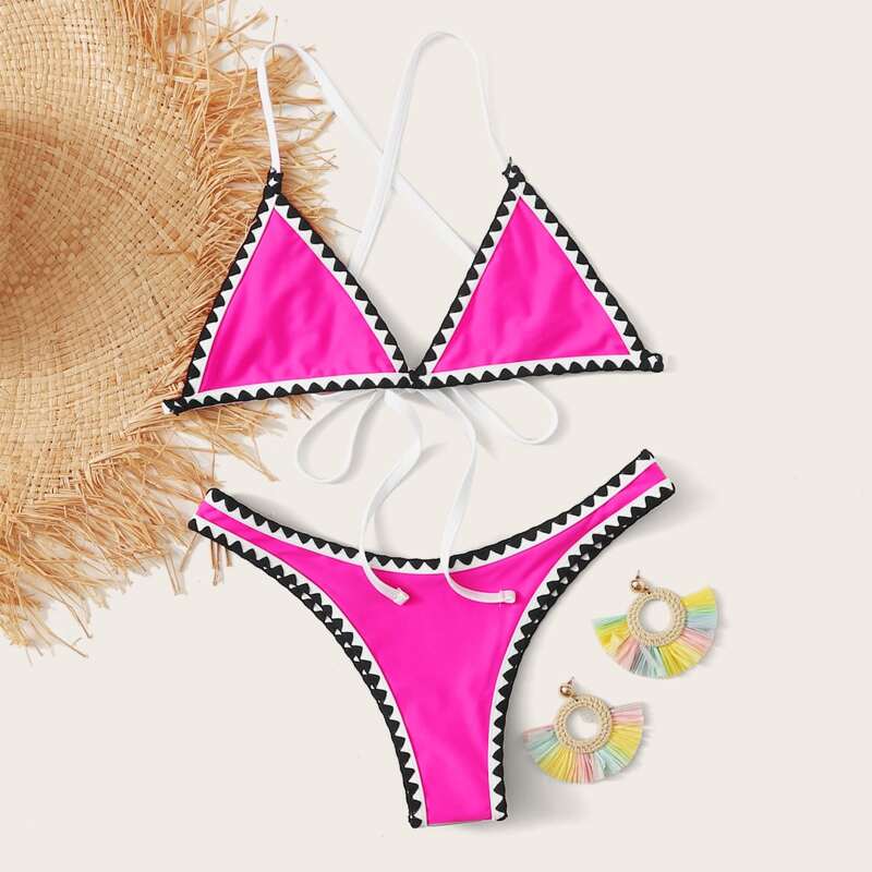 

Whip Stitch Tie Back Triangle Bikini, Pink bright