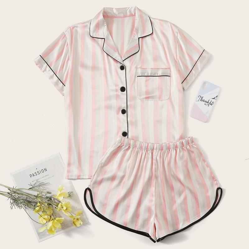 

Vertical Stripe Contrast Binding Satin PJ Set, Pink