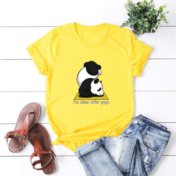 

Plus Cartoon Panda & Slogan Graphic Tee, Bright yellow