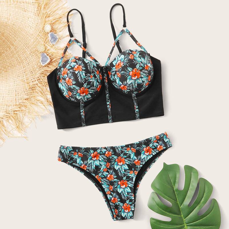 

Tropical & Floral Harness Push Up Bikini Swimsuit, Multicolor