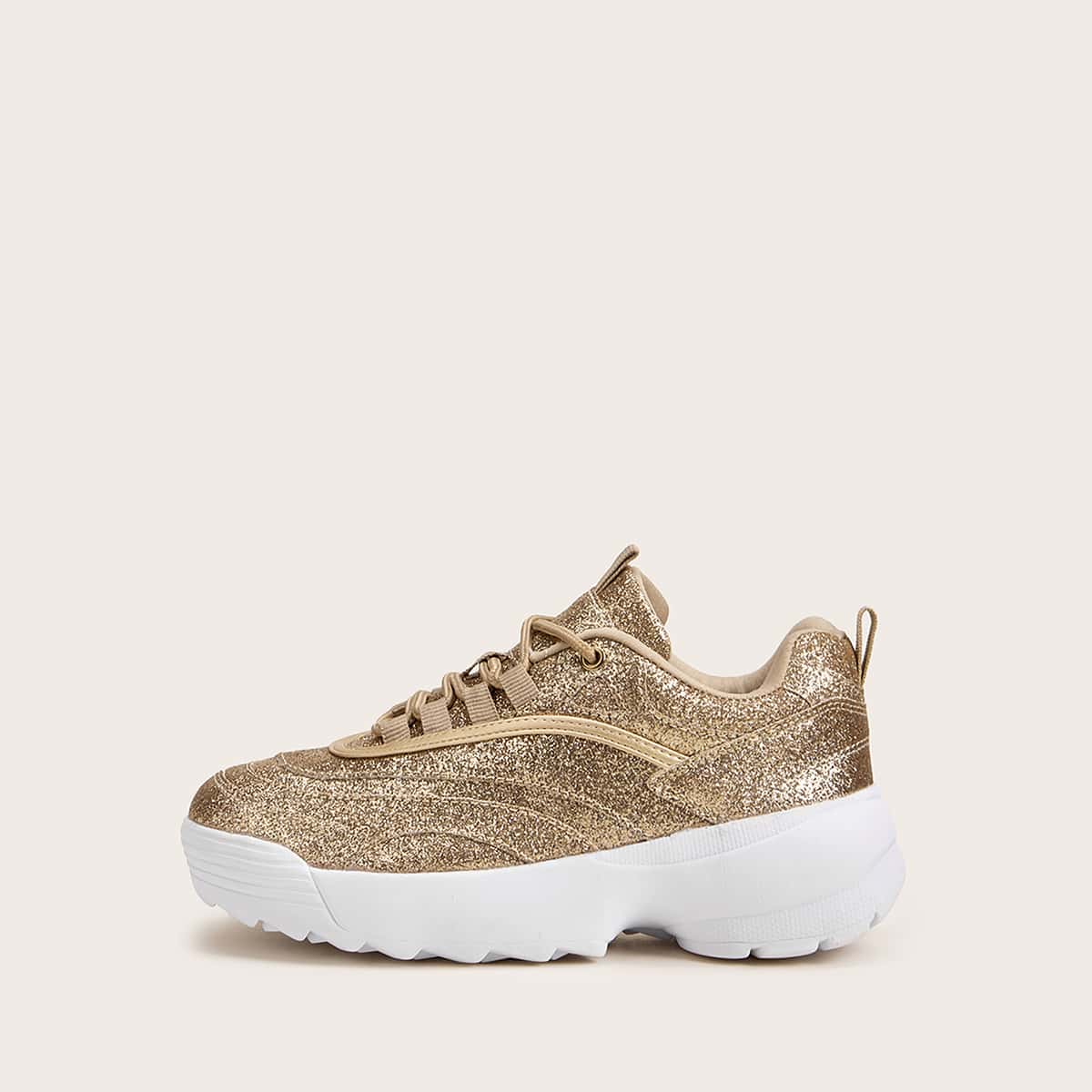 

Lace-up Front Glitter Chunky Sneakers, Gold