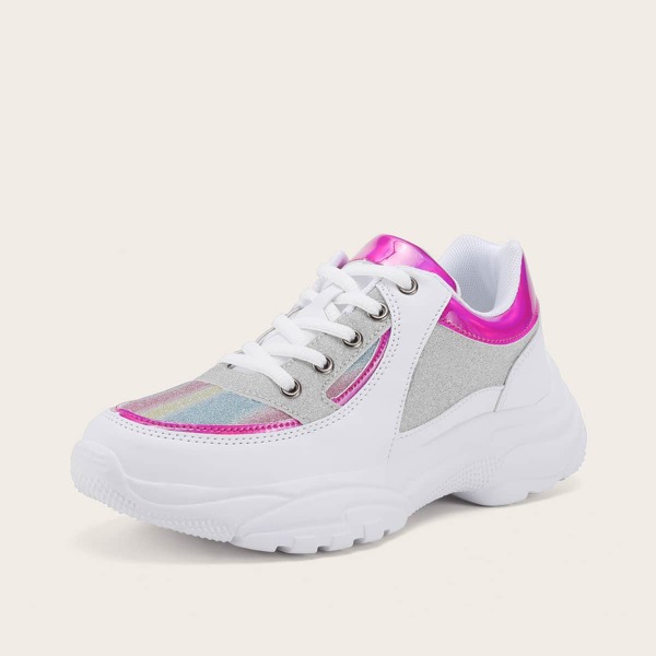 

Lace-up Front Glitter Chunky Sneakers, White