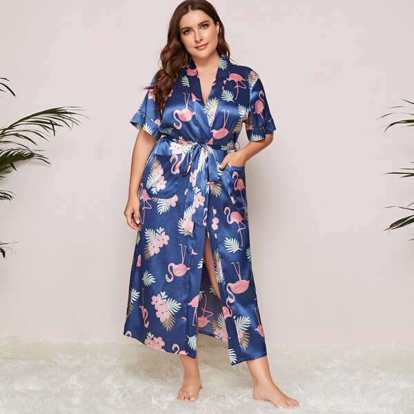 

Plus Flamingo & Floral Print Belted Satin Robe, Navy blue