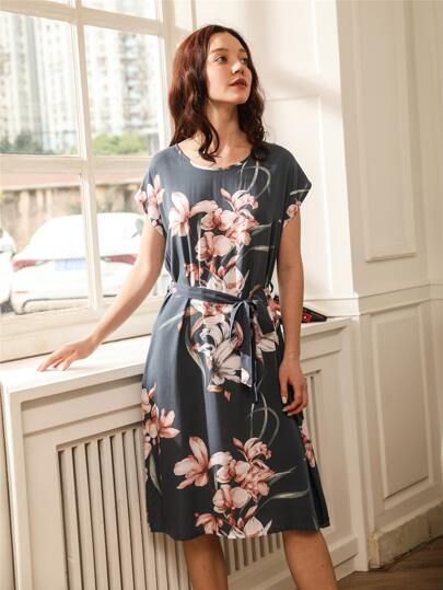 Floral Print Self Tie Night Dress