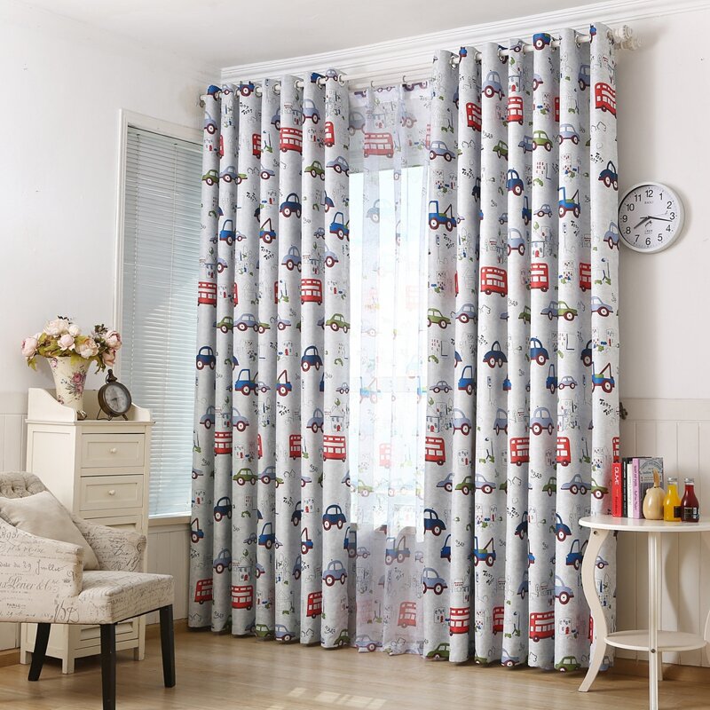 

1pc Cartoon Car Print Eyelet Curtain, Multicolor
