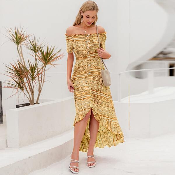 

Off Shoulder High Low Button Front Tribal Dress, Yellow