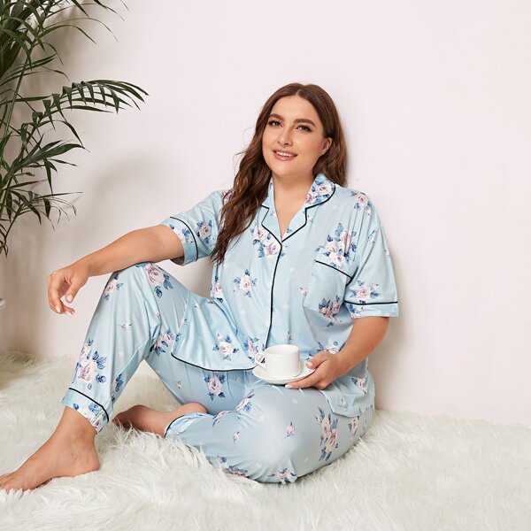 

Plus Floral Print Contrast Trim PJ Set, Blue pastel