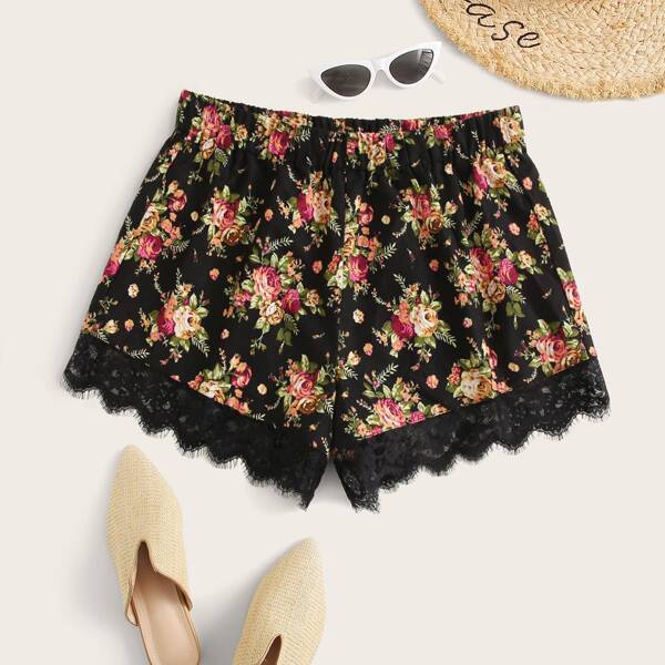 

Plus Floral Print Contrast Lace Shorts, Multicolor