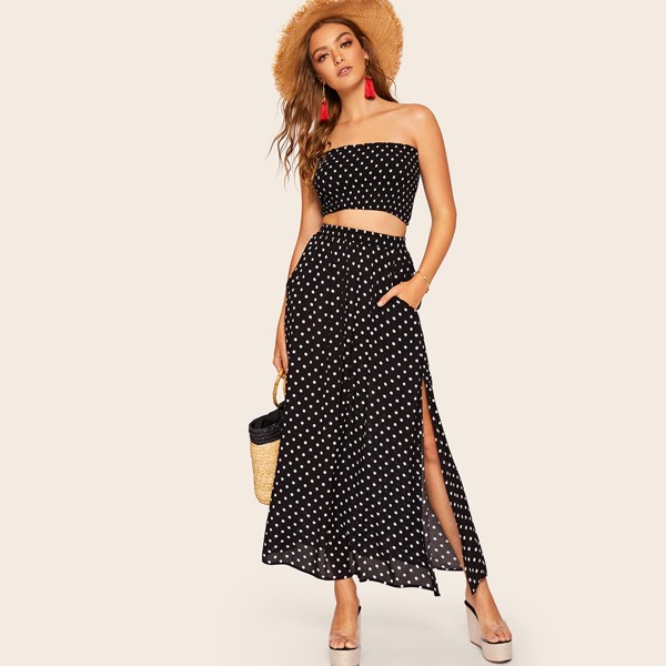

Polka Dot Bandeau Top & Split Thigh Pocket Skirt Set, Black and white