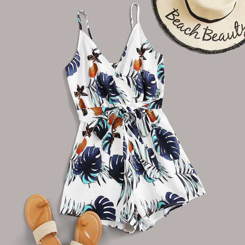 

Tropical Print Surplice Belted Cami Romper, Multicolor