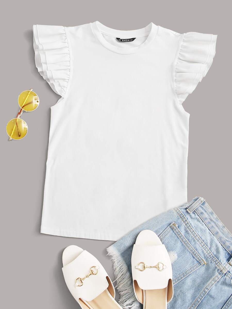 SHEIN Privé لباس علوي بلون موحد مع اكمام مكشكشة وبطبقتين