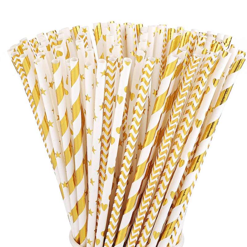 

100pcs Holiday Decorative Disposable Paper Straw, Gold