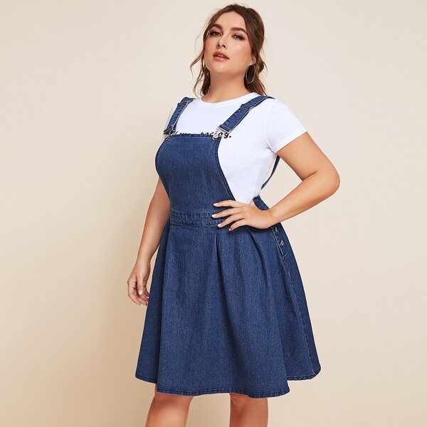 

Plus Button Side Pinafore Denim Dress, Blue