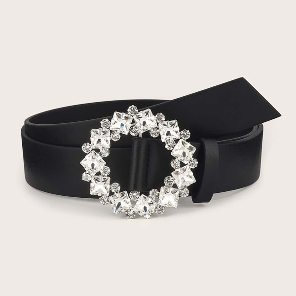 

Rhinestone Decor Round Buckle Belt, Black