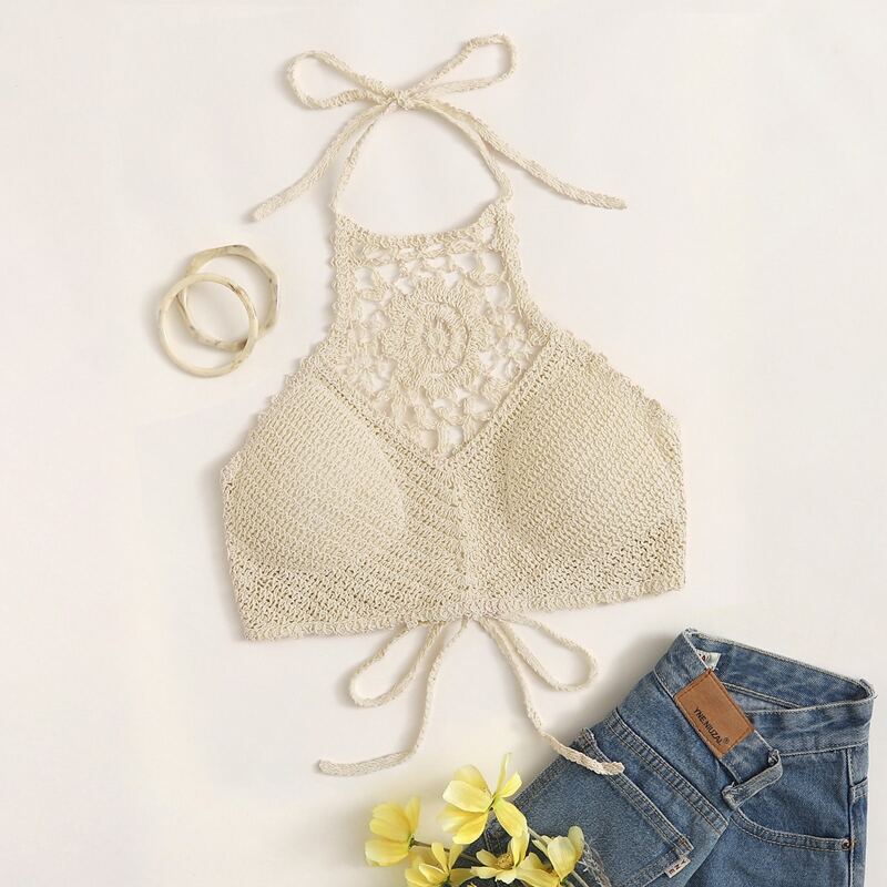 

Crochet Tie Back Halter Top, Beige