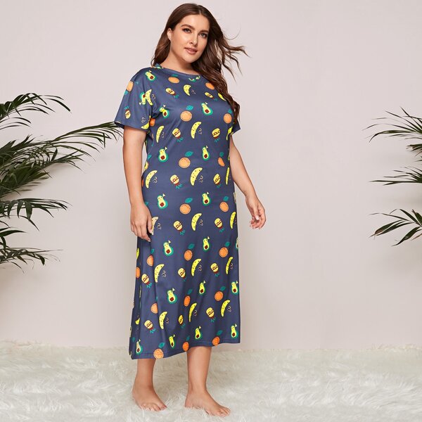 

Plus Cartoon Fruit Graphic Night Dress, Navy blue