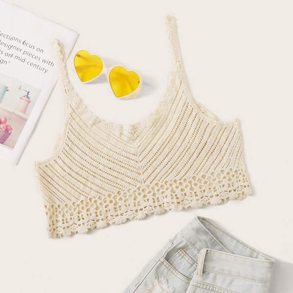 

Solid Crochet Crop Cami Top, Beige