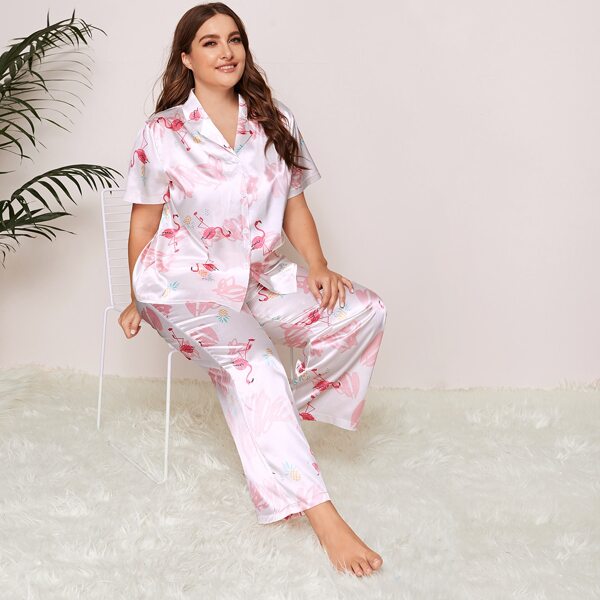 

Plus Flamingo Print Lapel Neck Satin PJ Set, White