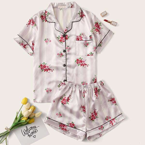 

Floral & Striped Print Pocket Front Satin PJ Set, Multicolor