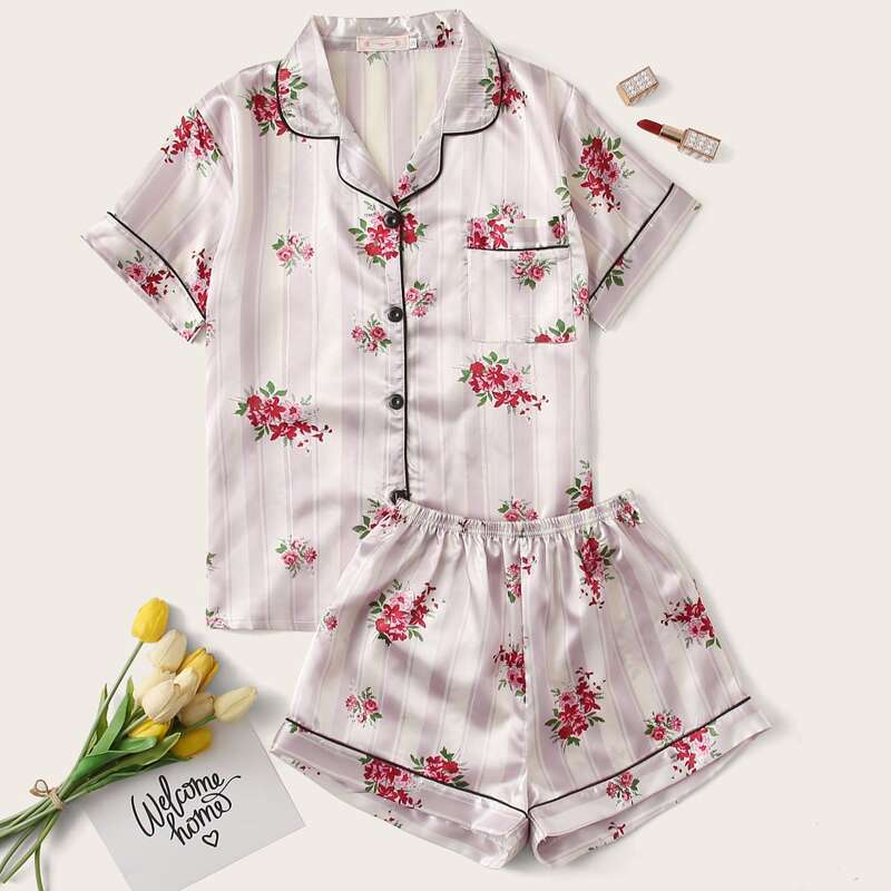

Floral & Striped Print Pocket Front Satin PJ Set, Multicolor
