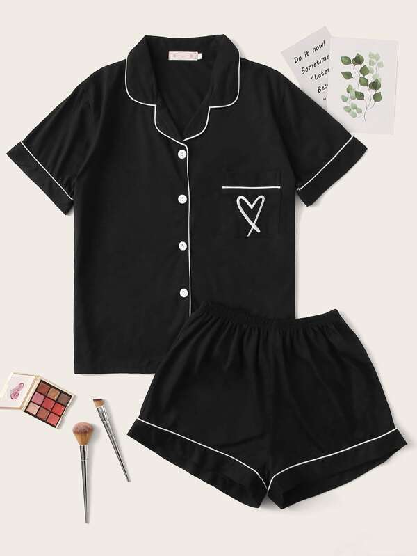 Set pijama / set de pijama cu broderie de inimă