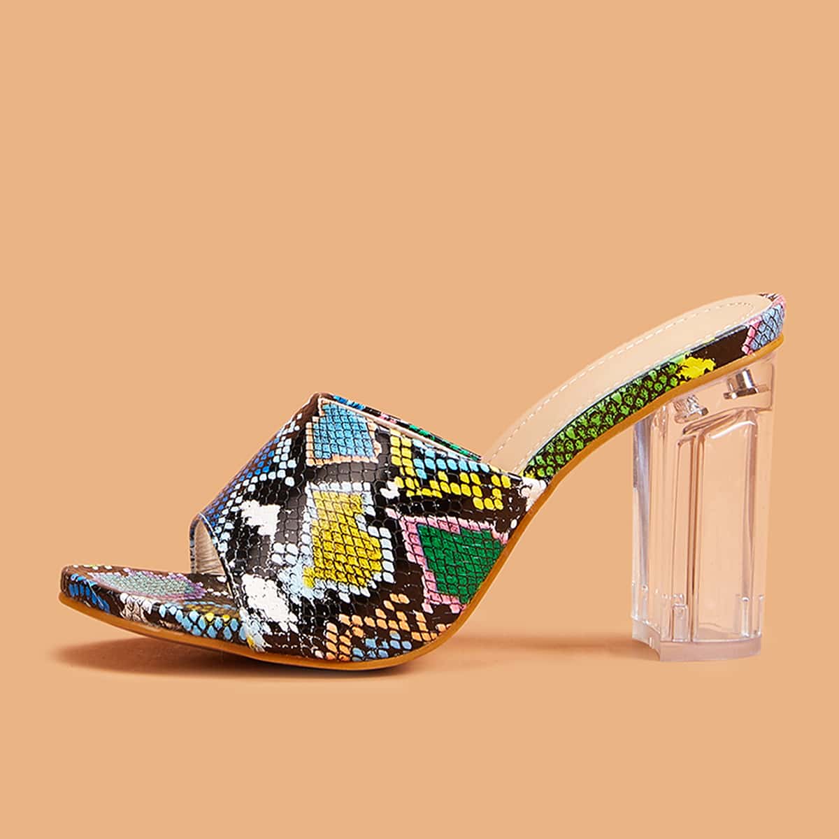 

Snakeskin Pattern Chunky Heeled Mules, Multicolor