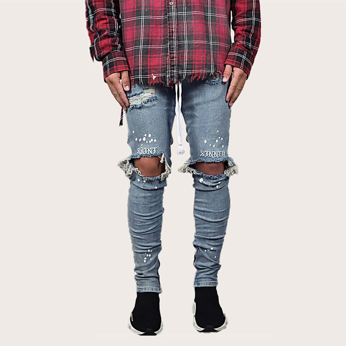

Guys Letter Embroidery Ripped Jeans, Blue