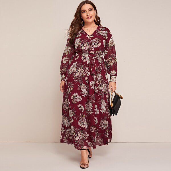 

Plus Surplice Neck Lantern Sleeve Belted Floral Dress, Burgundy