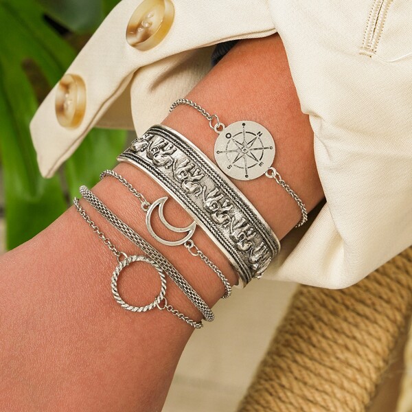 

5pcs Moon & Ring Decor Elephant Pattern Bracelet, Silver