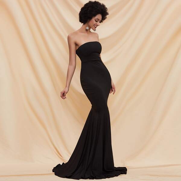 

Zip Back Fishtail Hem Tube Prom Dress, Black