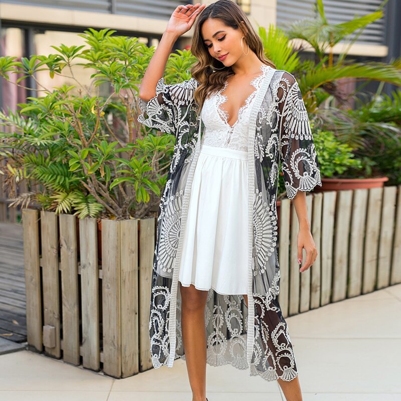 

Sheer Embroidery Mesh Kimono, Black and white