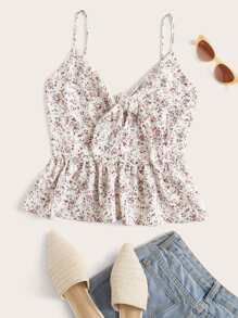 SHEIN 前繫帶後打褶小碎花花卉吊帶荷葉邊下擺上衣 - 彩色 - 查看 1