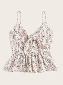 SHEIN 前繫帶後打褶小碎花花卉吊帶荷葉邊下擺上衣 - 彩色 - 查看 3