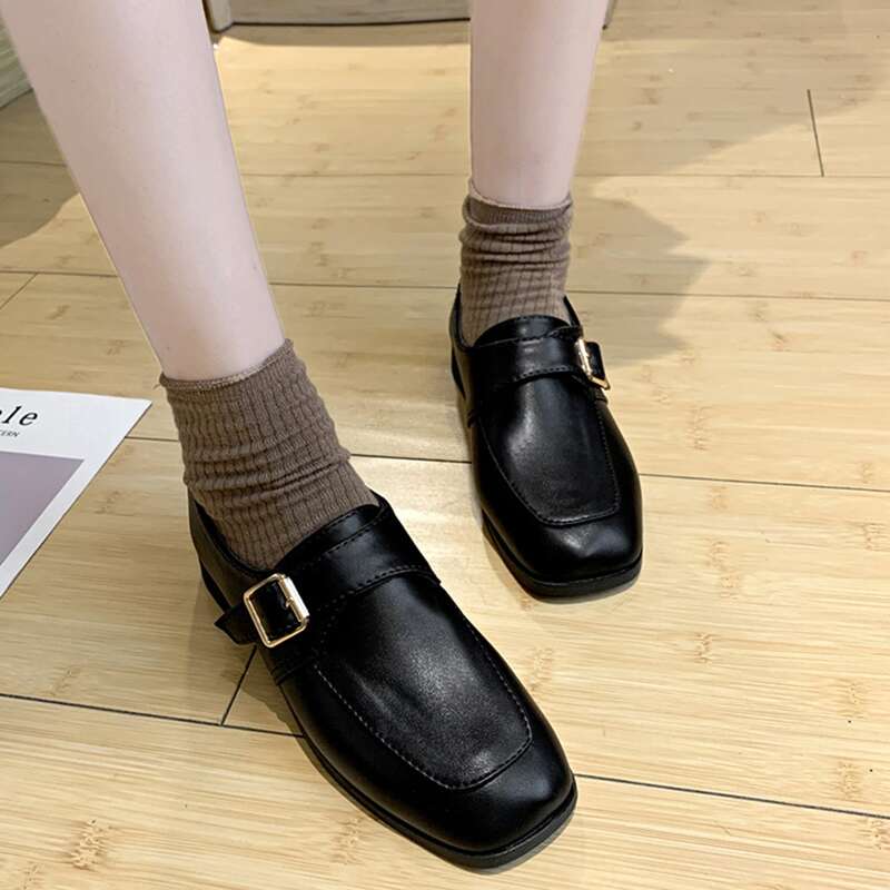 

Square Toe Buckle Strap Loafers, Black