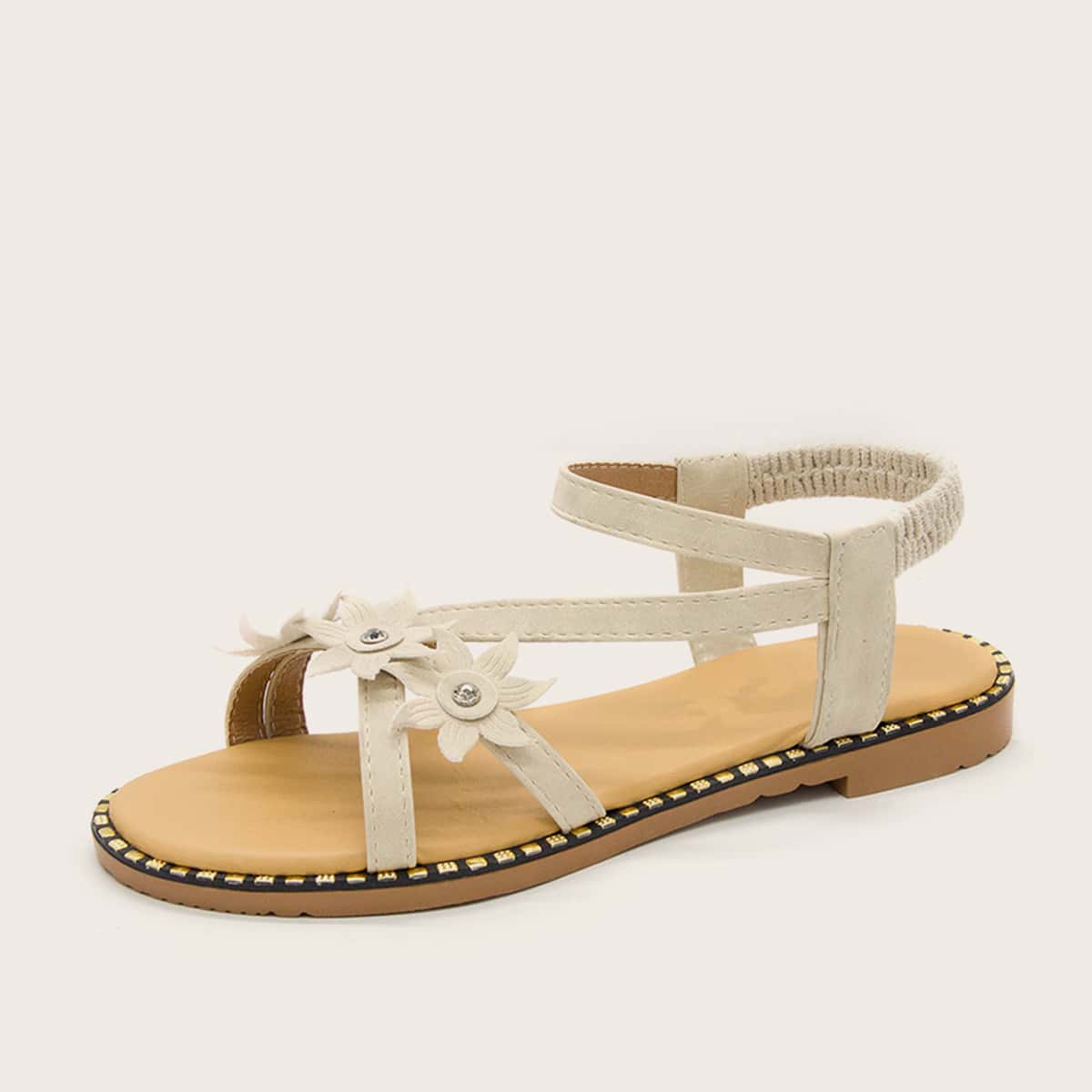

Floral Appliques Ankle Strap Sandals, Beige