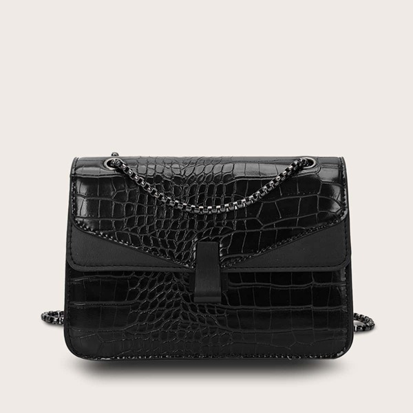 

Snakeskin Flap Chain Crossbody Bag, Black