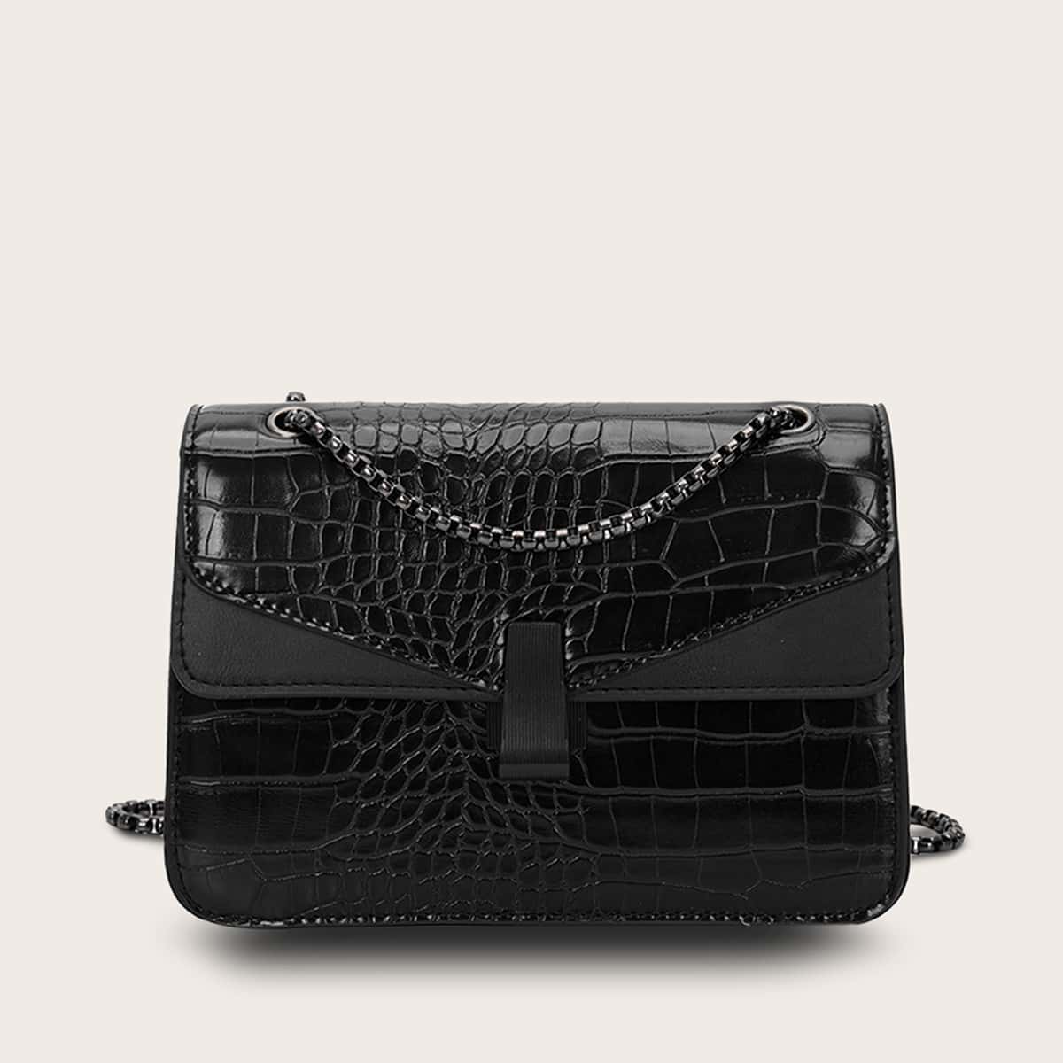 

Snakeskin Flap Chain Crossbody Bag, Black