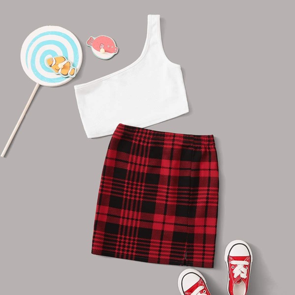 

Girls One Shoulder Crop Top & Plaid Skirt Set, Multicolor
