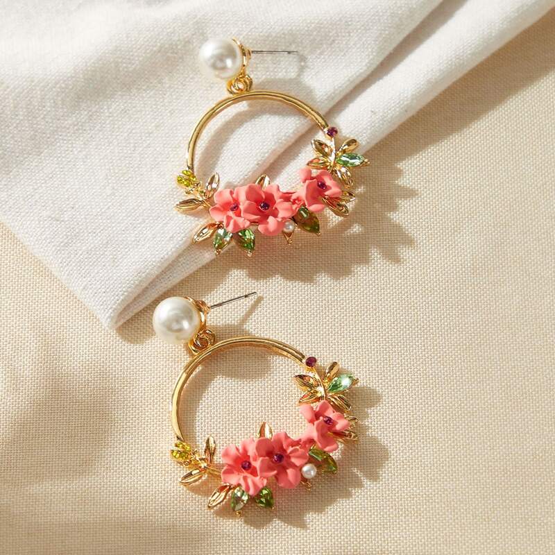 

1pair Faux Pearl & Floral Decor Drop Earrings, Multicolor