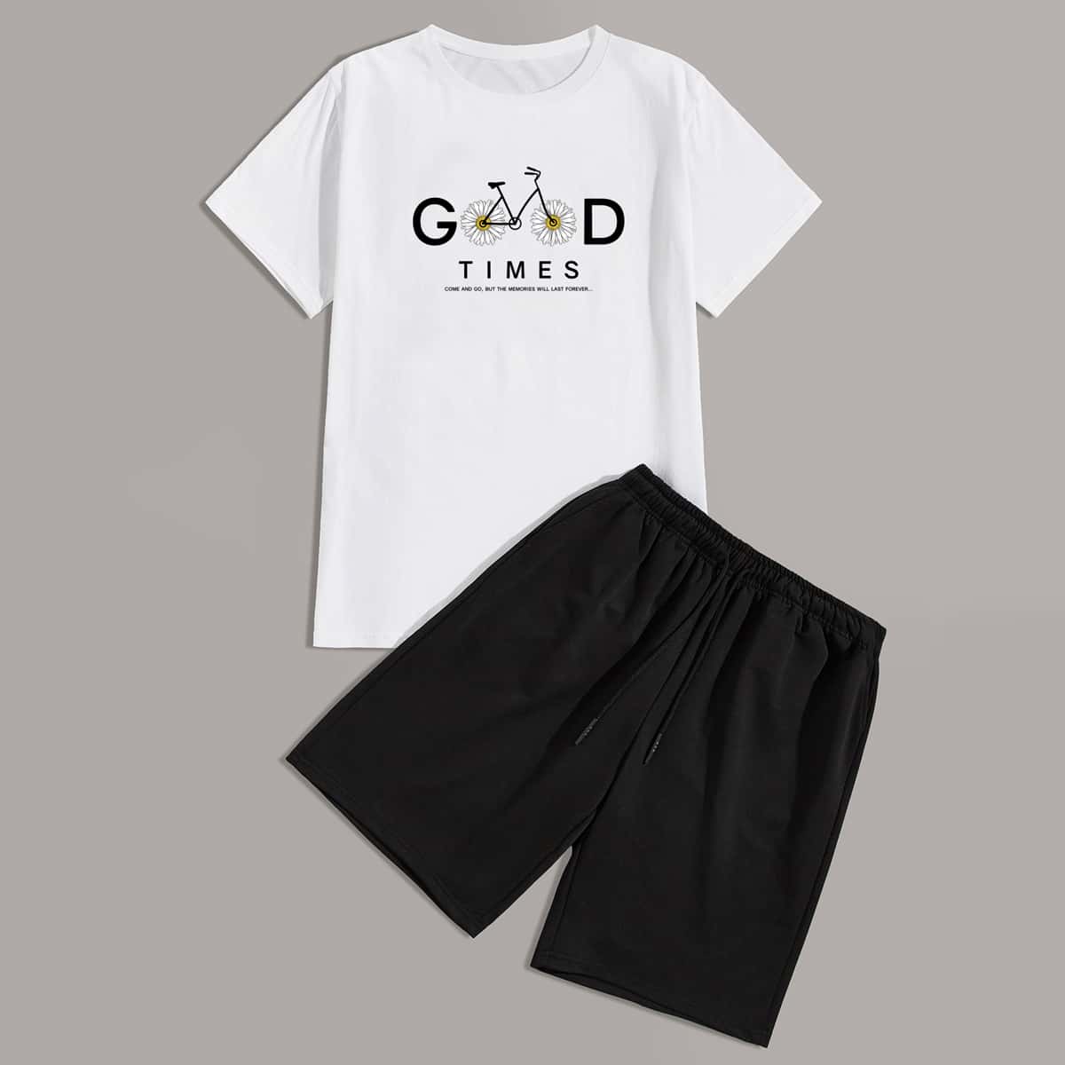 

Guys Sunflower & Letter Graphic Tee With Shorts, Black and white