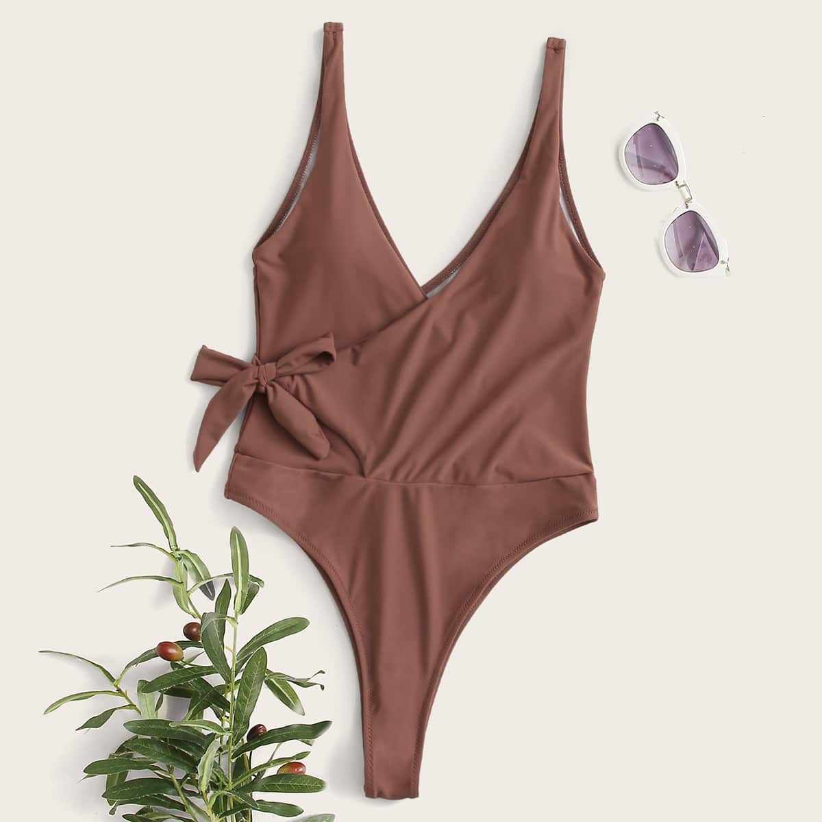 

Tie Side Wrap One Piece Swimsuit, Brown