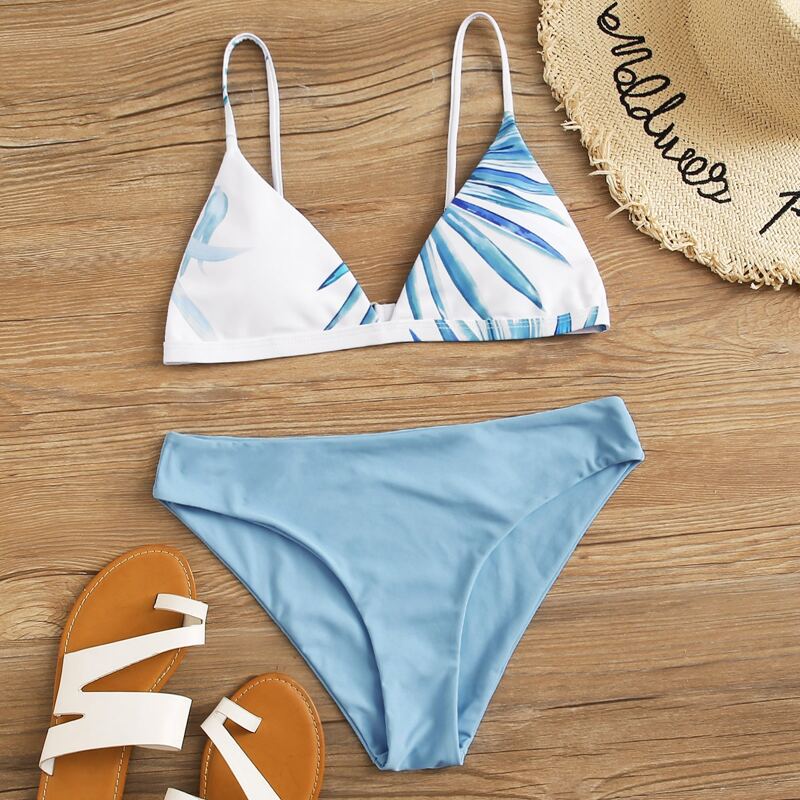 

Tropical Print Triangle Bikini Swimsuit, Blue