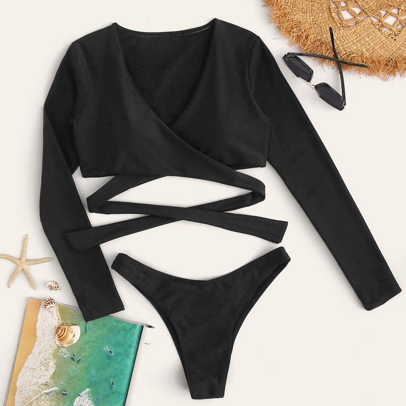 

Wrap Plunging Neck High Cut Bikini Swimsuit, Black