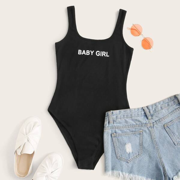 

Slogan Graphic Tank Bodysuit, Black