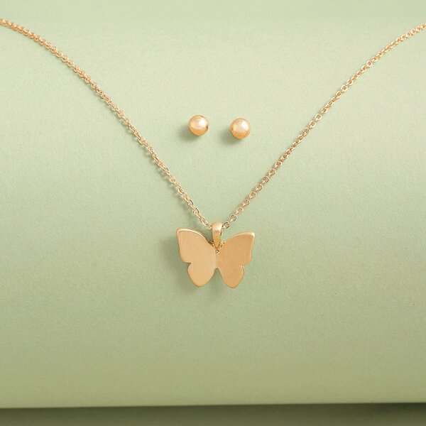 

1pair Stud Earrings And Mini Butterfly Necklace