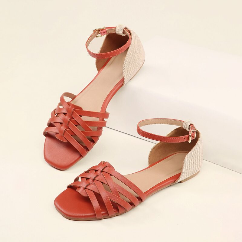 

Woven Band Square Toe Buckle Ankle Sandals, Red