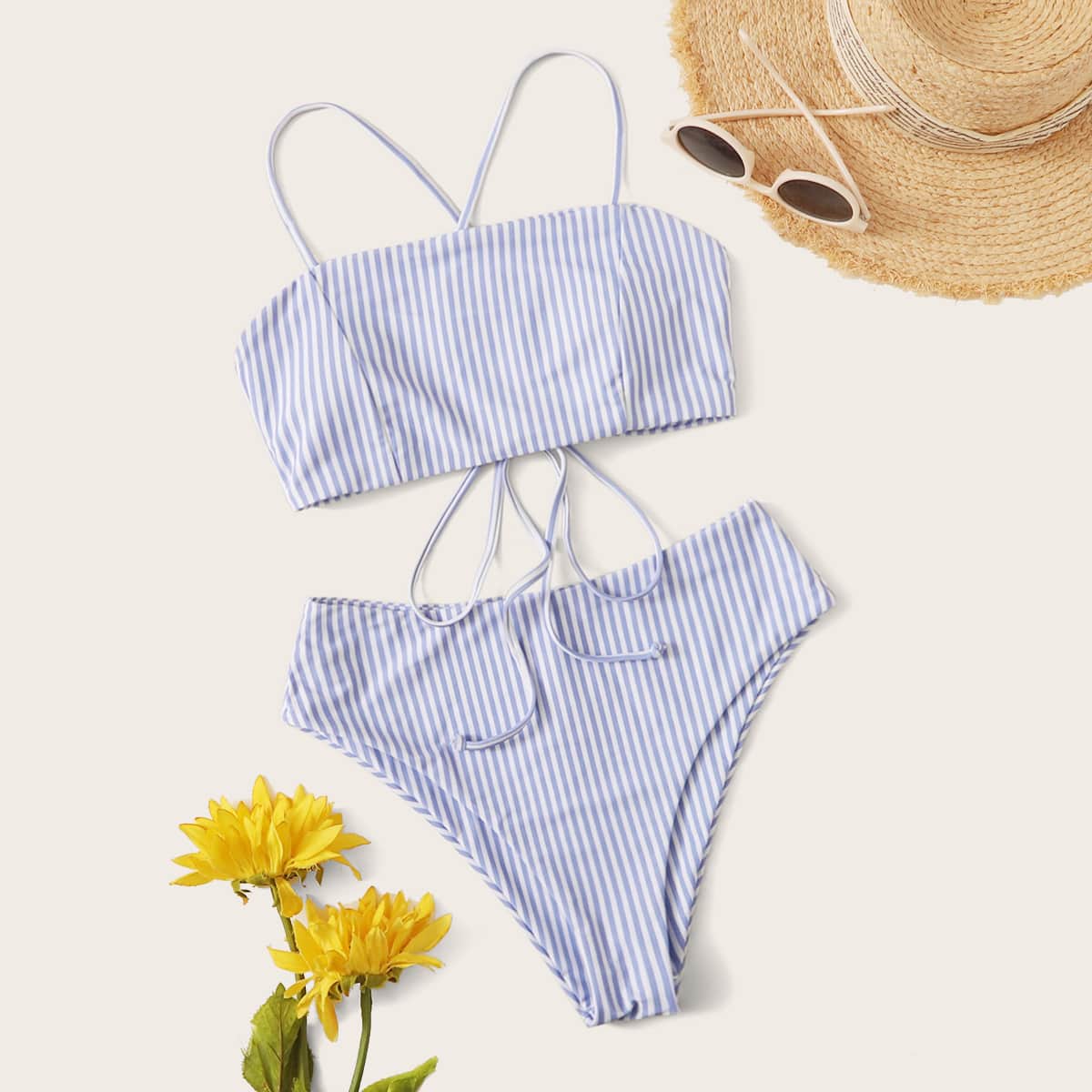 

Striped High Waisted Bikini Swimsuit, Blue