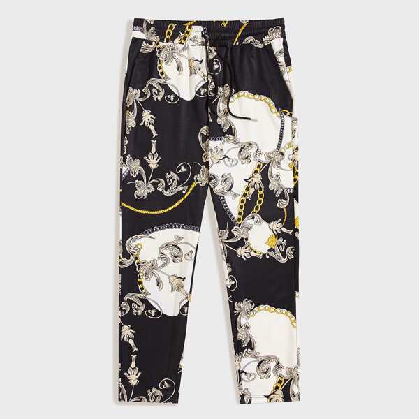 

Men Slant Pocket Chain Print Pants, Multicolor