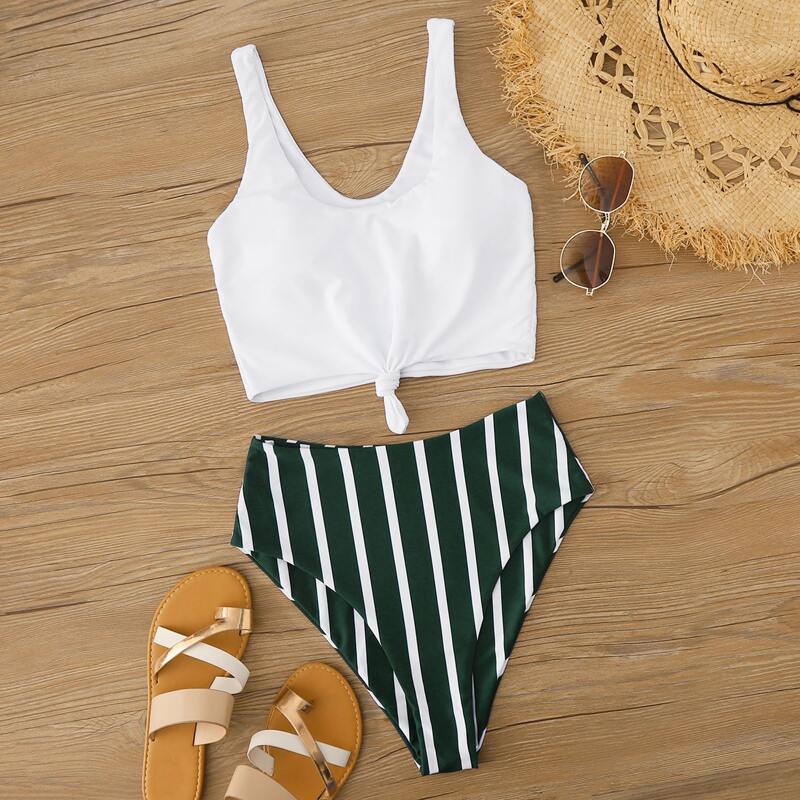 

Striped Knot Front High Waist Bikini Swimsuit, Multicolor